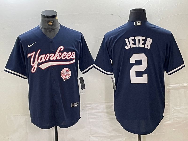 Men New York Yankees #2 Jeter Dark blue Second generation joint name Nike 2024 MLB Jersey style 4